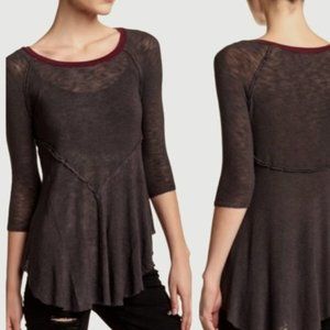 FP Layering sheer tee distressed look grey maroon collar